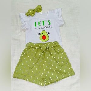 Toddler Baby Girl, Avocado Ruffle Short Sleeve Top, Shorts & Headband Set
